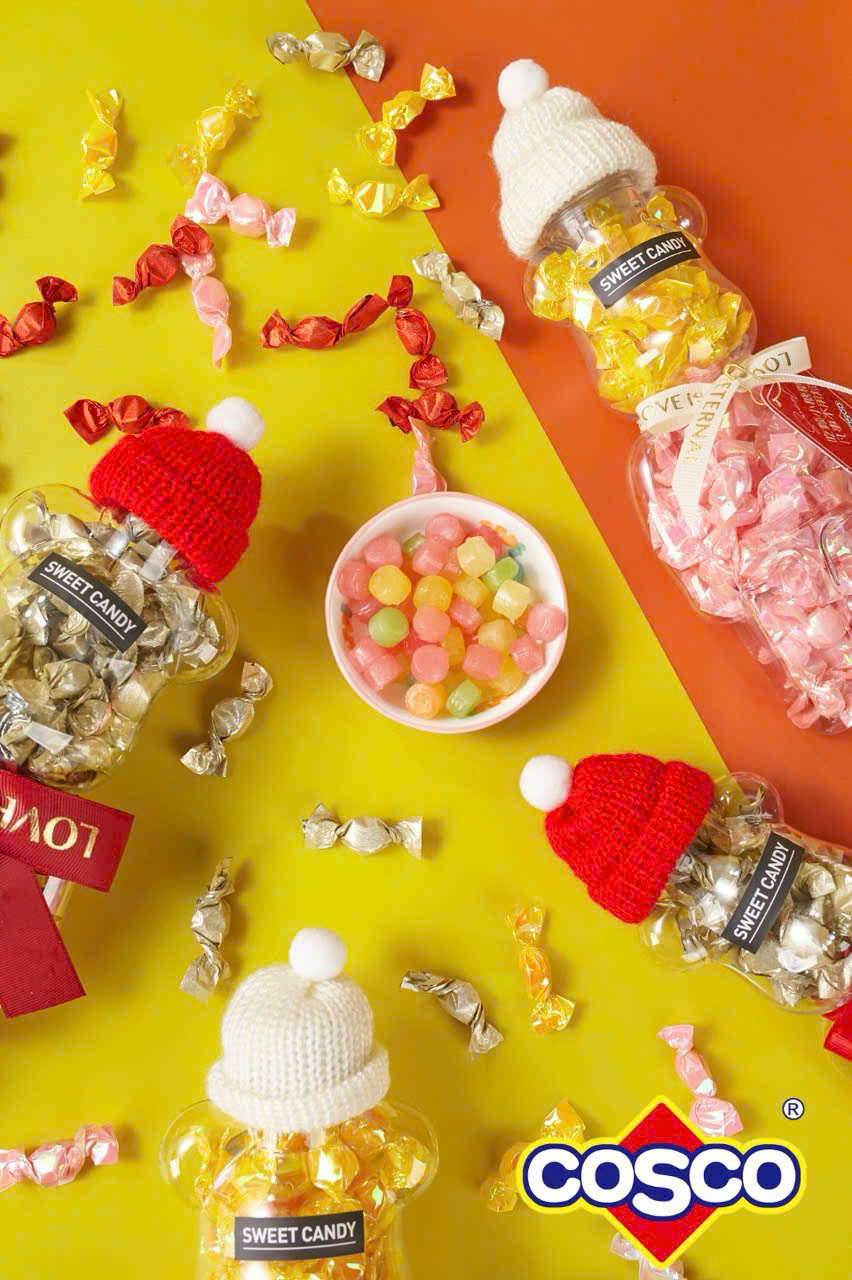 Kẹo hạt giấy nón đỏ hũ hình gấu COSCO